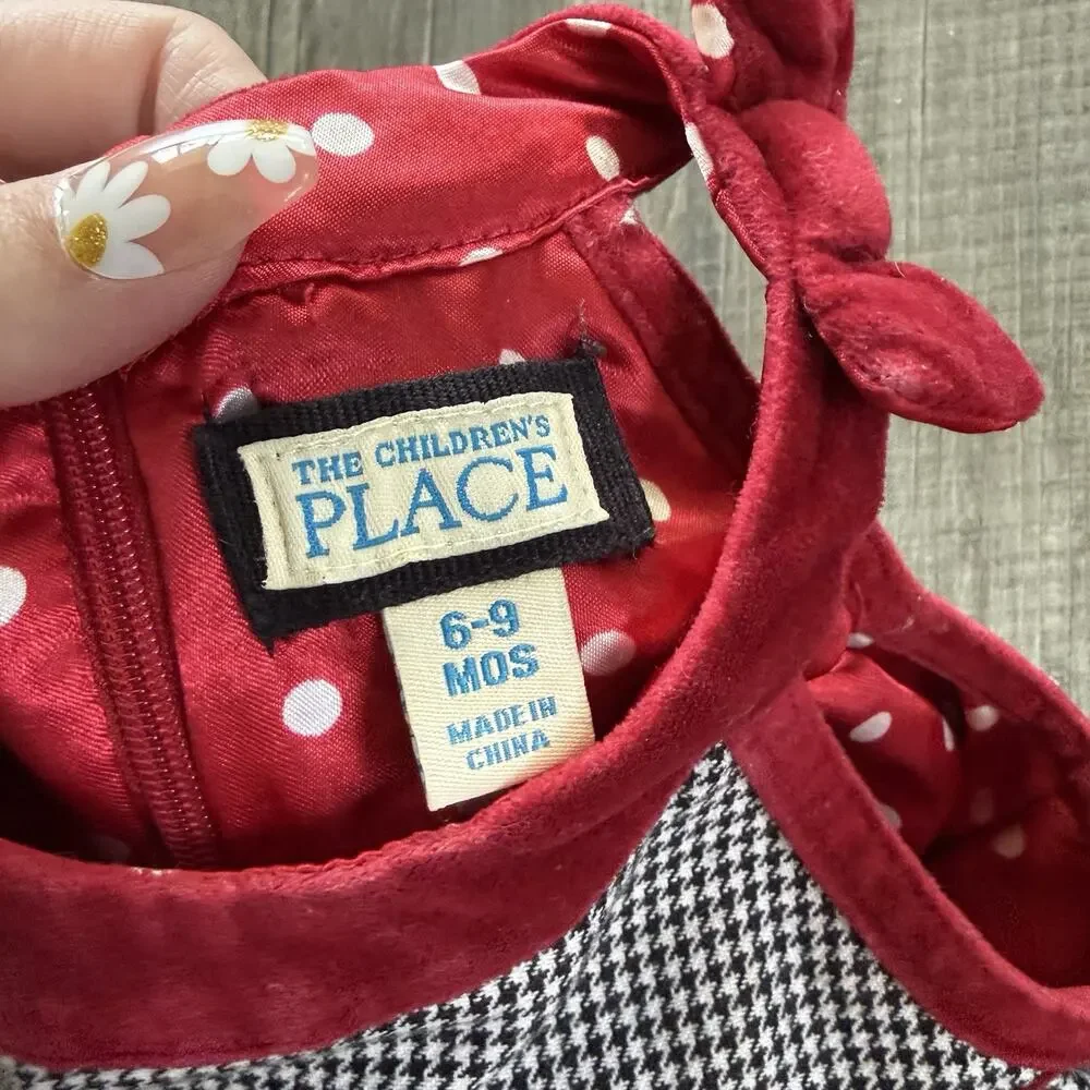 Vtg Children’s Place Holiday Dress 6-9 Months Black Red Houndstooth Velvet Bow